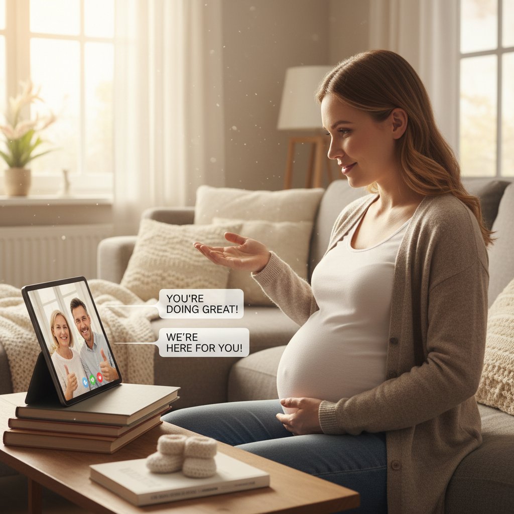 Kobieta w ciąży rozmawia przez wideoczat z bliskimi, szukając wsparcia w czasach izolacji