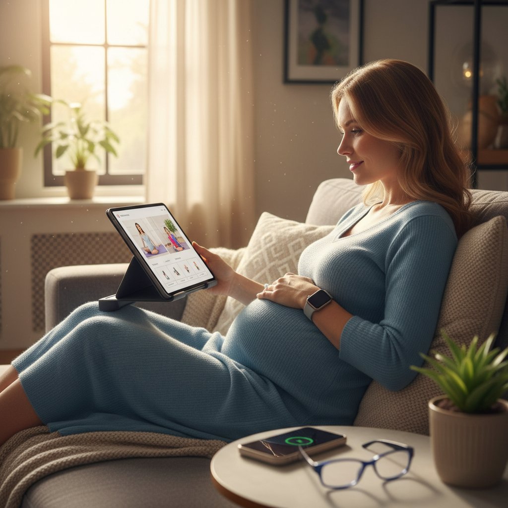 Grupa ciężarnych kobiet wspierających się nawzajem, z telefonami i laptopami – światło, optymizm, wspólnota