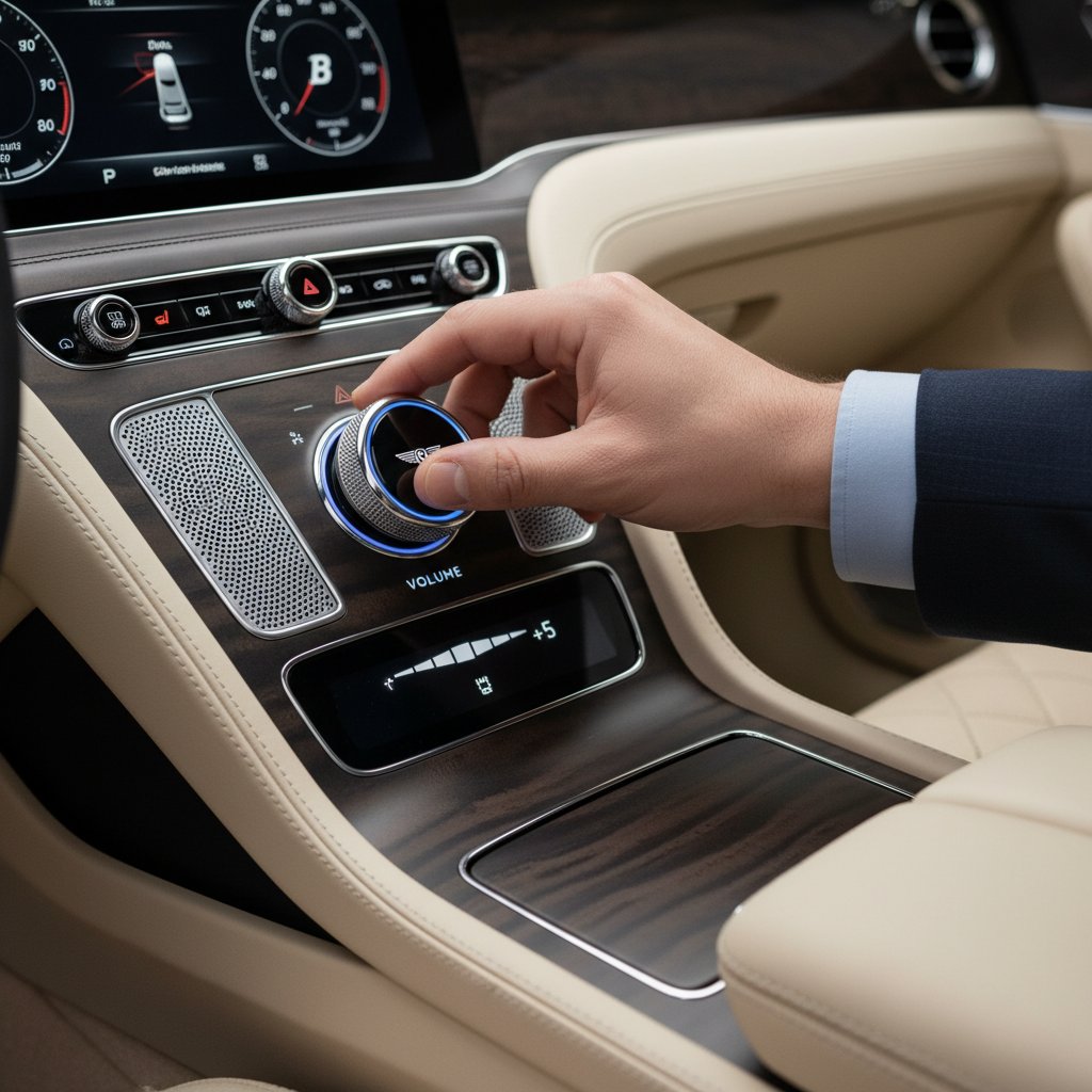 Hands adjusting high-end car audio knob in sleek interior, premium audio controls glowing in luxury car