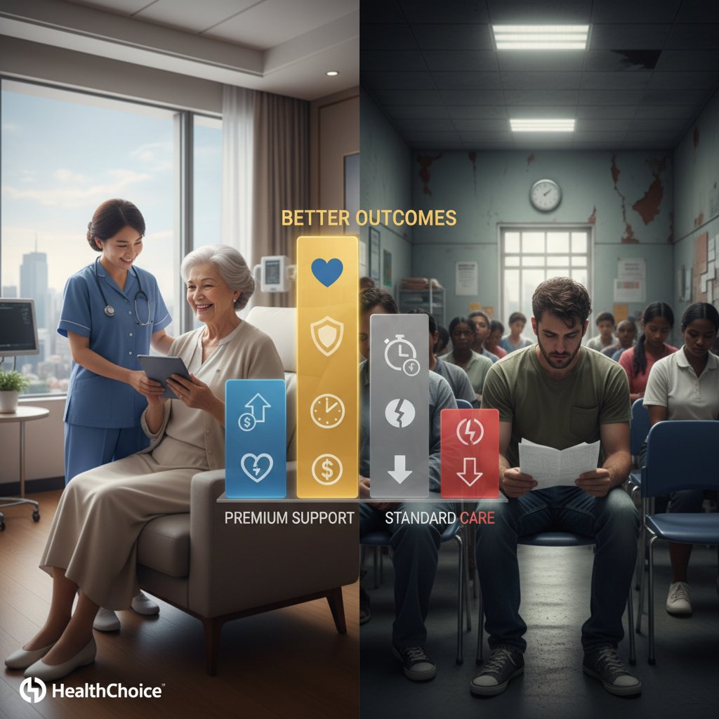 Split-screen image of patient with and without premium healthcare support services, showing the impact of premium options