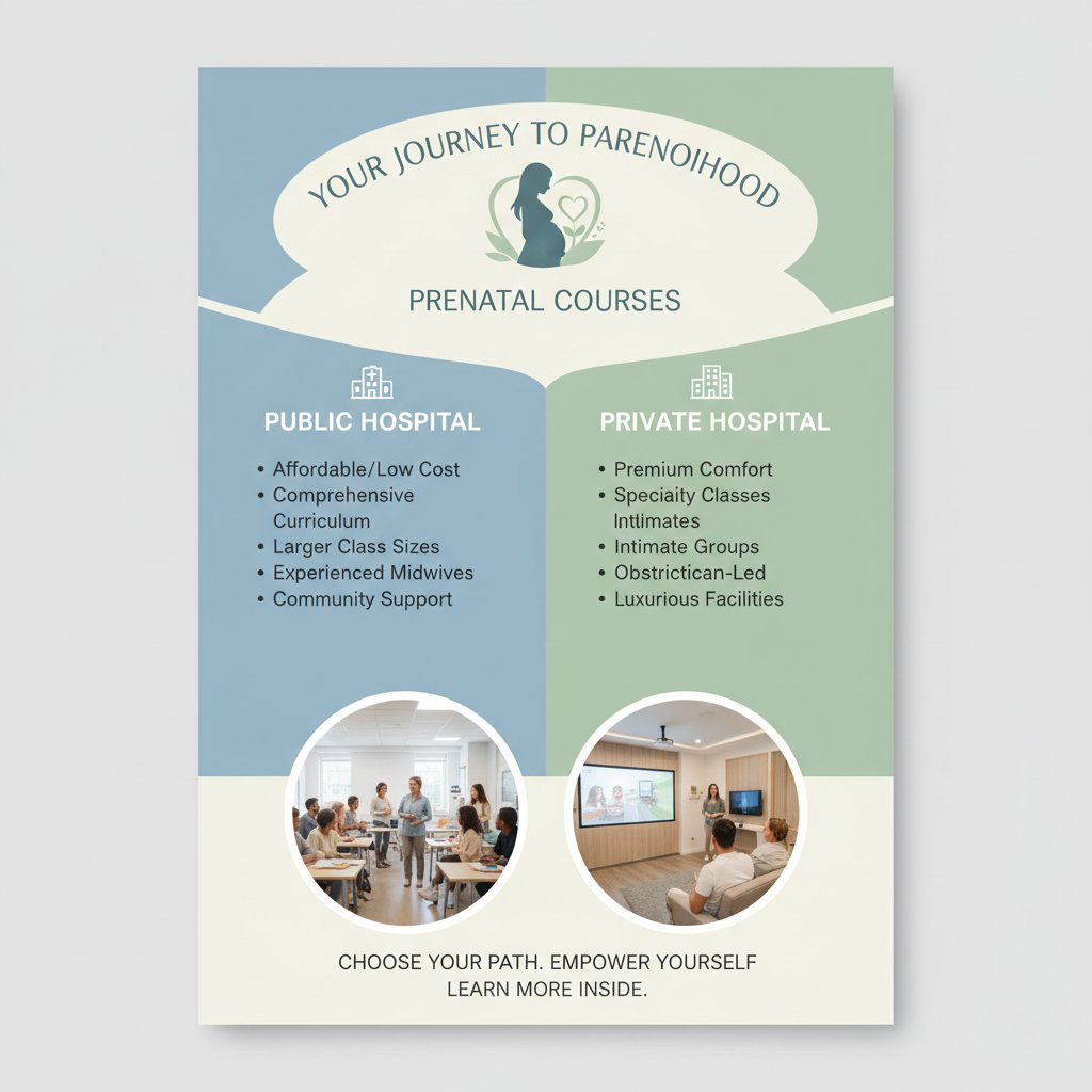 Porównanie kursów przedporodowych – komercyjne broszury obok prostych materiałów szpitalnych, rodzice porównują oferty.