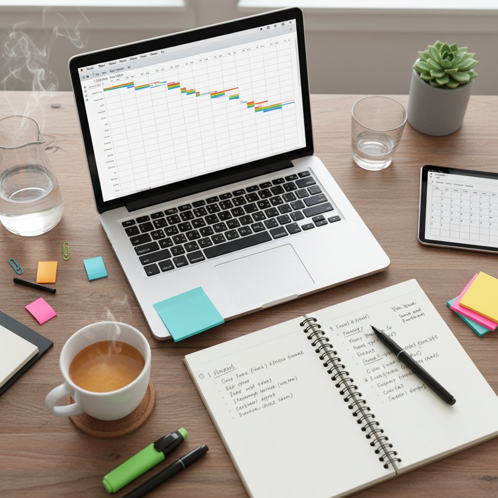 Przygotowanie do planowania dnia z laptopem, kawą i notatnikiem