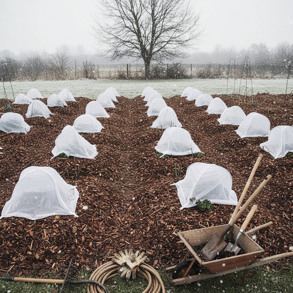 Ogród przygotowany na zimę, z widocznym mulczem, osłonami i narzędziami