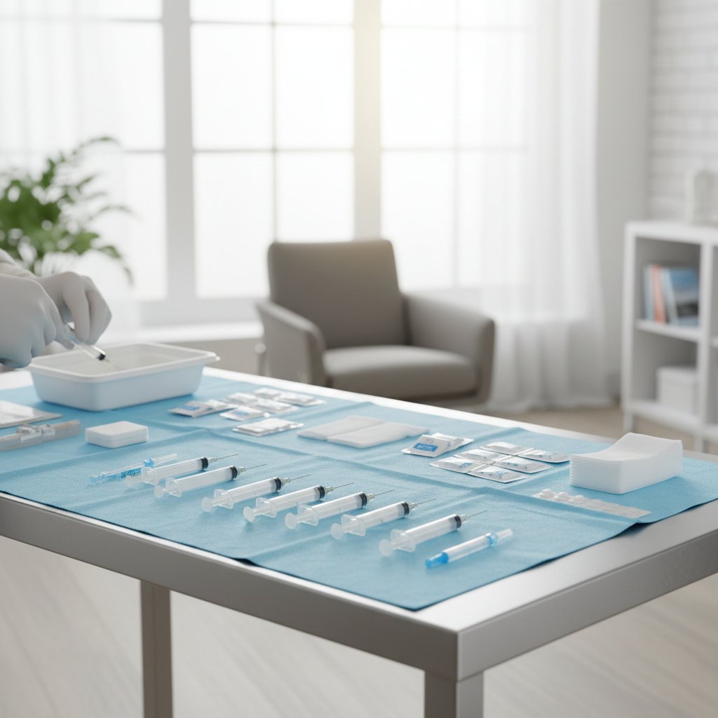 Stół z przygotowanym zestawem do iniekcji, sterylny i uporządkowany, domowa scena