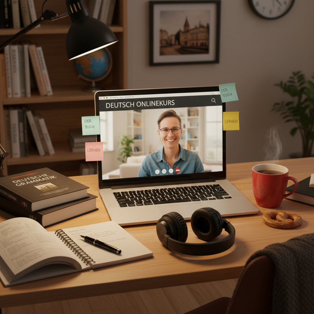 Osoba przygotowująca się do pierwszej lekcji niemieckiego online, sprawdzająca sprzęt i robiąca notatki, słowa kluczowe: przygotowanie do nauki online, zajęcia niemiecki online