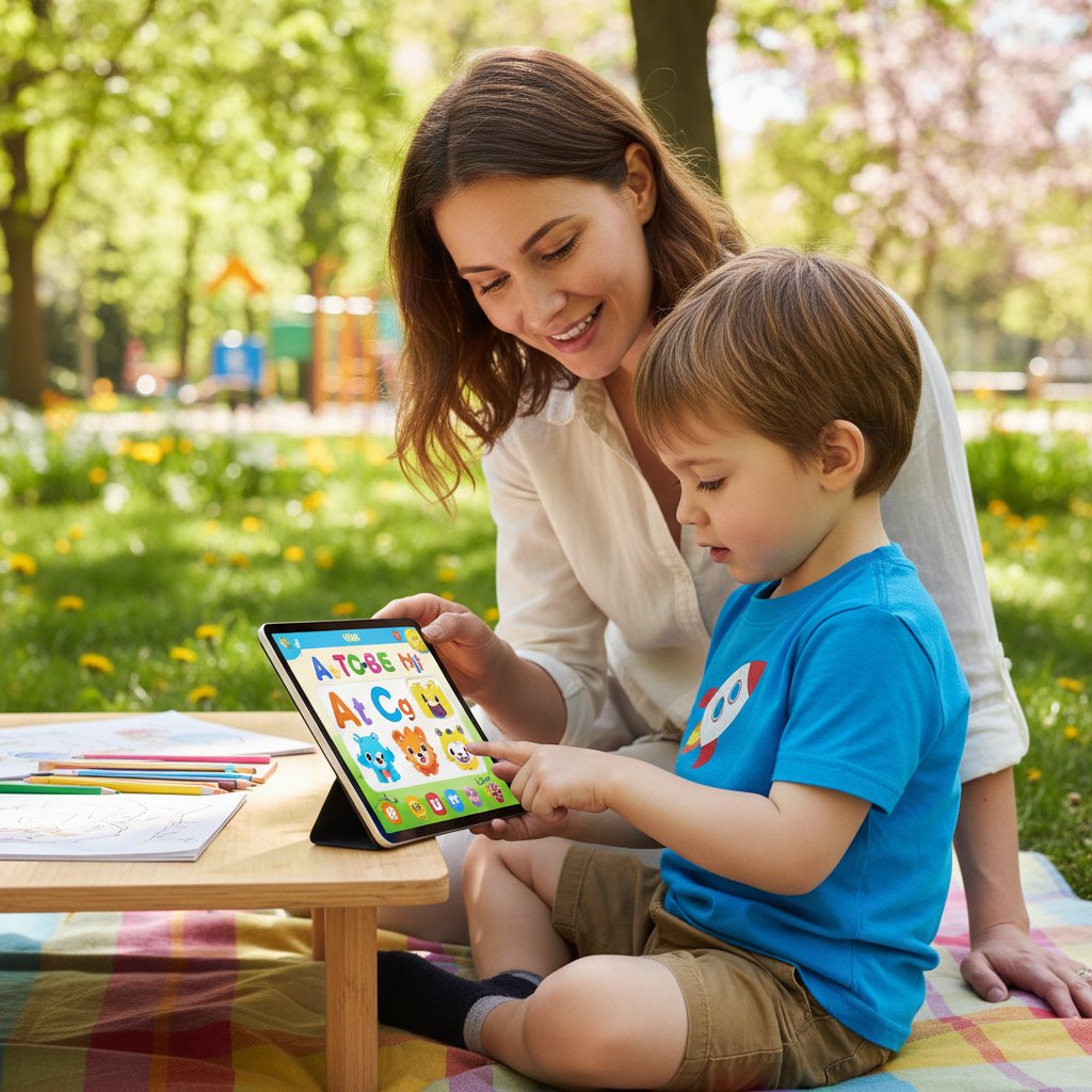 Dziecko korzystające z tabletu, rodzic asystuje, ekran widoczny – technologie korepetycji online