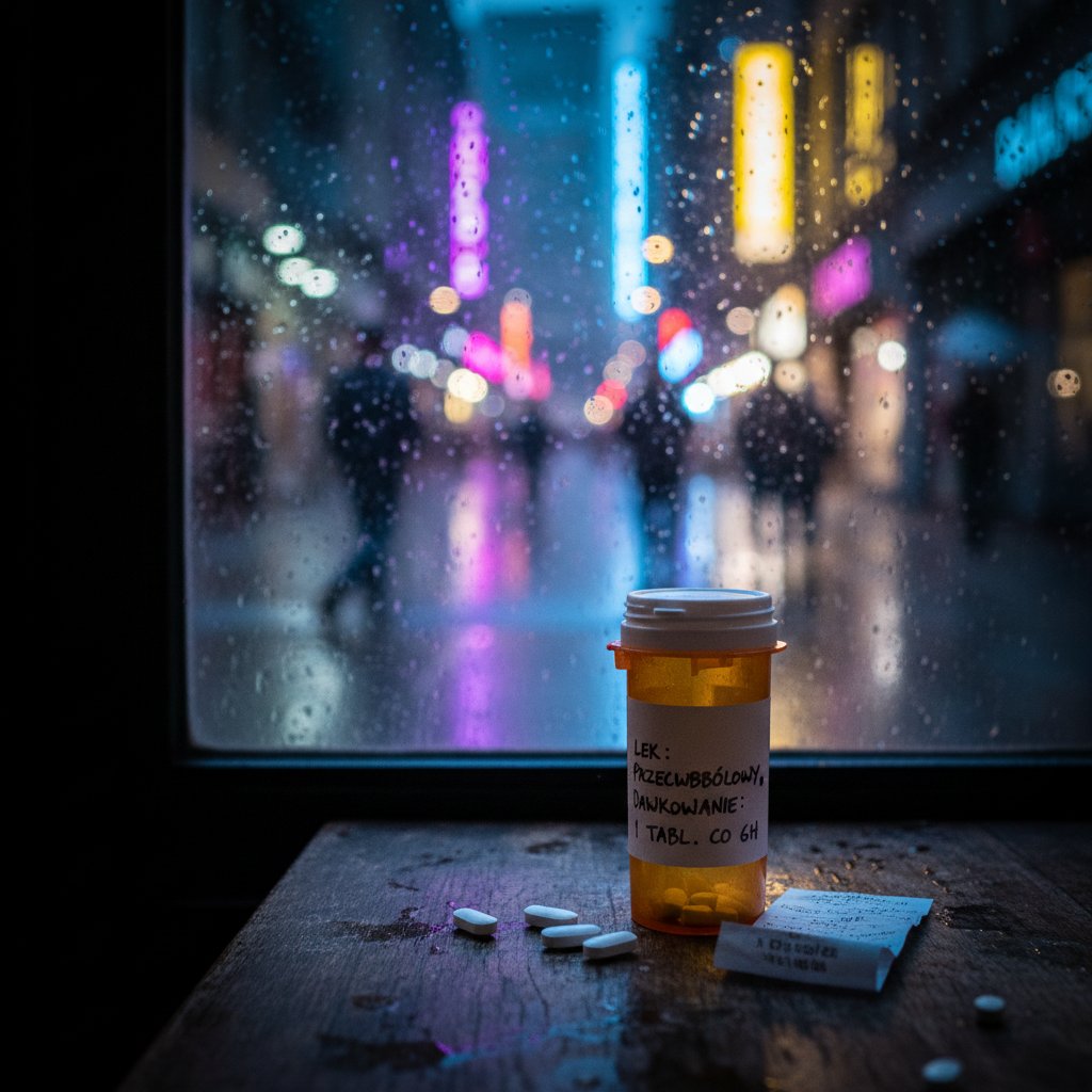 Butelka z tabletkami escitalopramu na ciemnym stole, z polskimi napisami i miejskim tłem w stylu urban