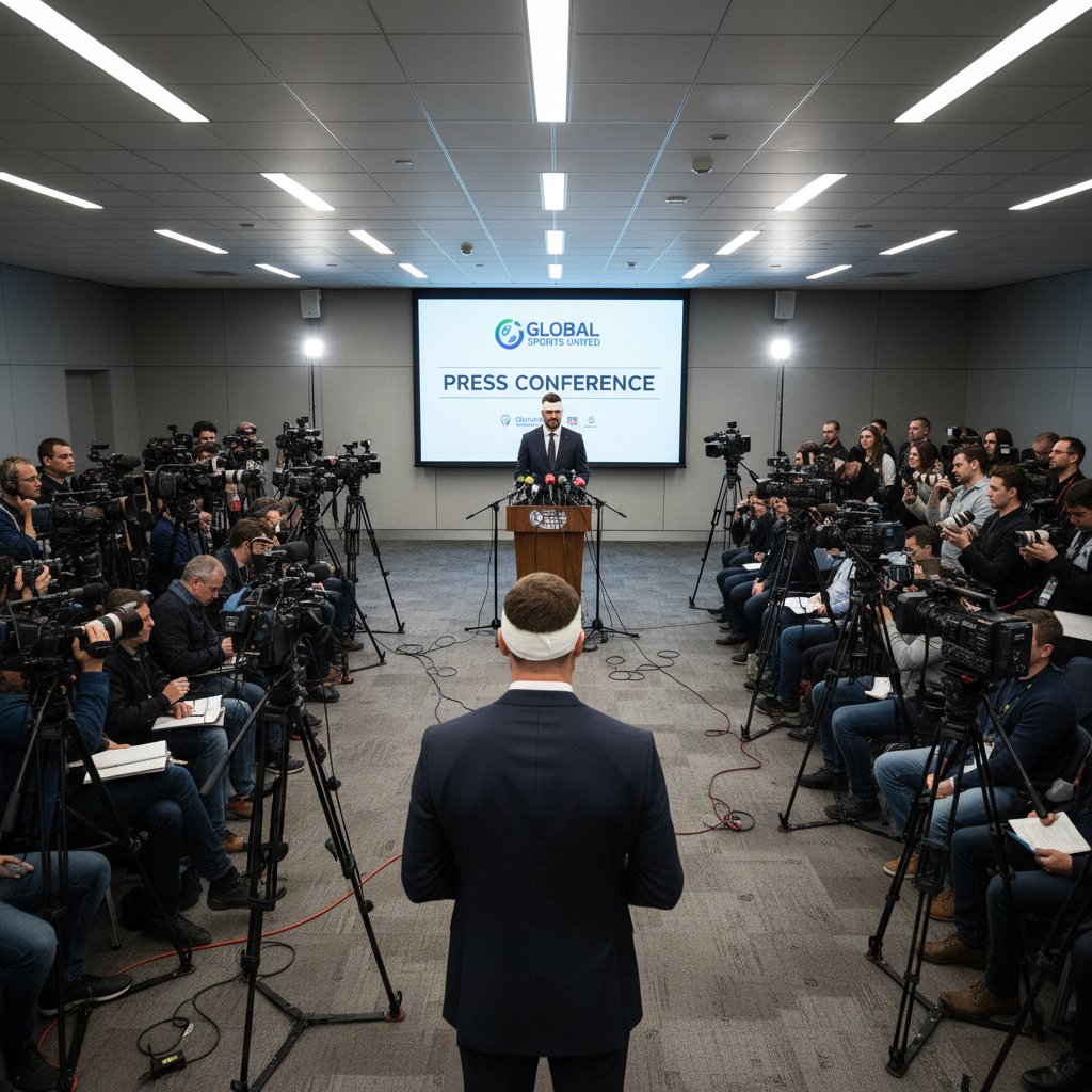 Znany sportowiec na konferencji prasowej po urazie głowy, na pierwszym planie bandaż i emocje