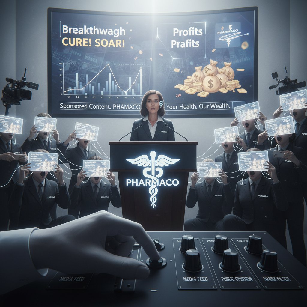 Konferencja prasowa firmy farmaceutycznej, dziennikarze, plakaty promocyjne