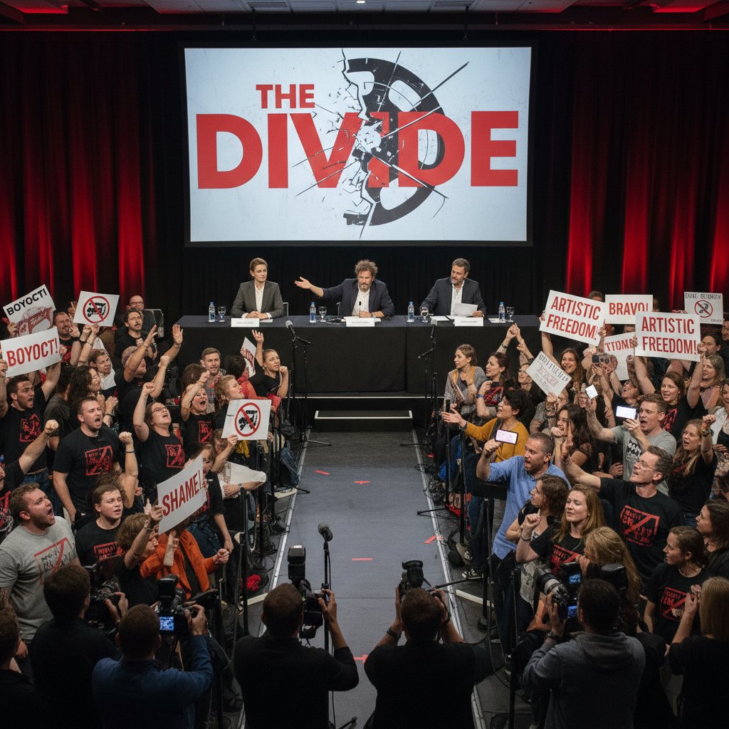 Photo of press conference scene with polarized audience reactions, intense and dramatic, reflecting controversy in movie identity movies