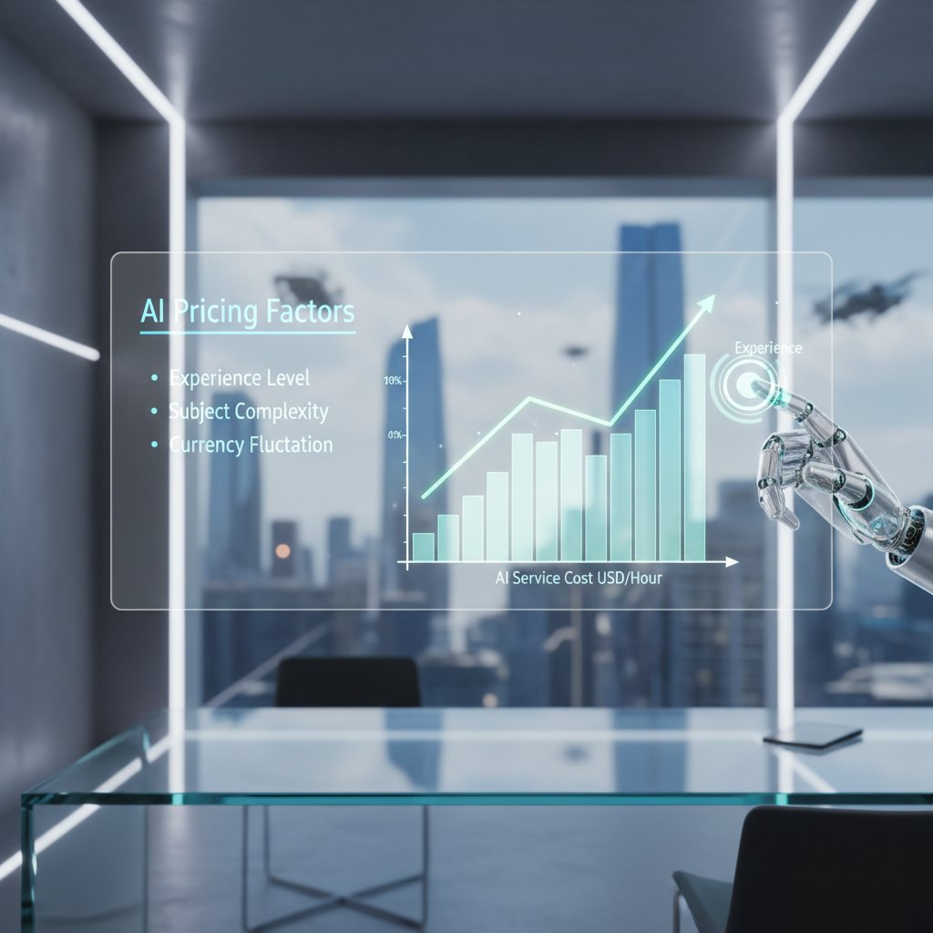 Czynniki wpływające na ceny korepetycji online, ikony: AI, doświadczenie, przedmiot, symbol złotówki, nowoczesne tło