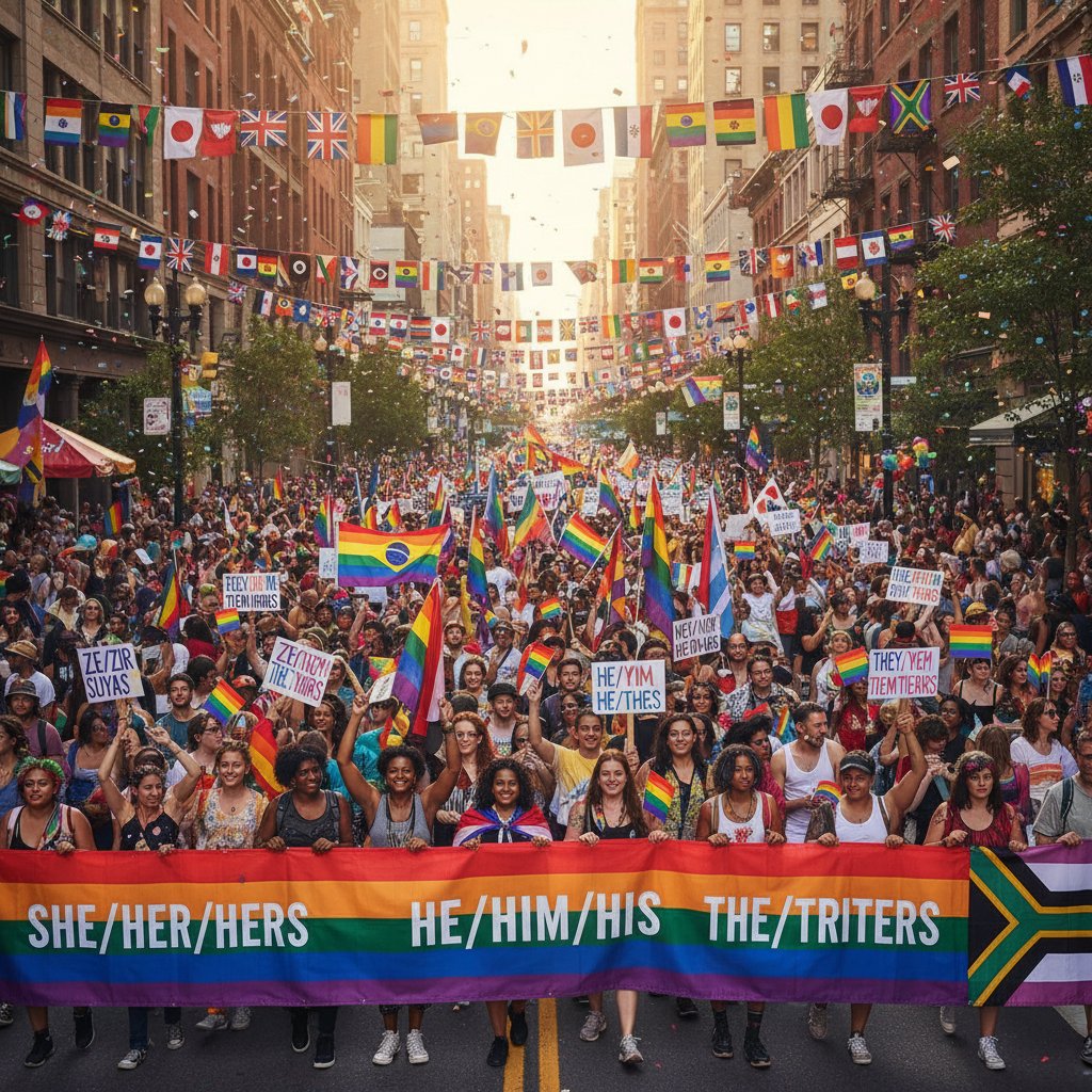 Uczestnicy marszu równości w różnych krajach z transparentami z neozaimkami