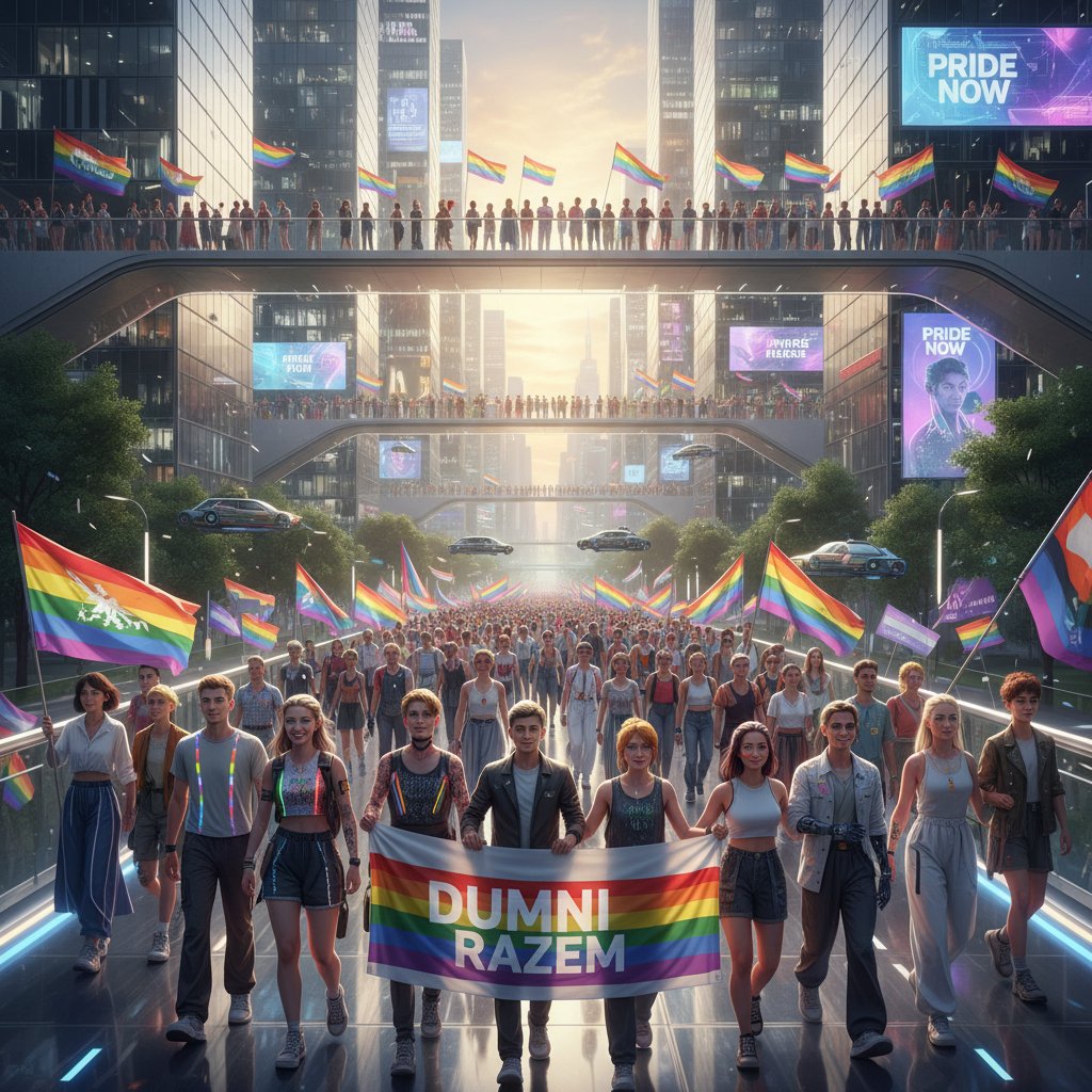 Tłum na marszu równości patrzący ku przyszłości, tęczowe flagi, optymizm i solidarność