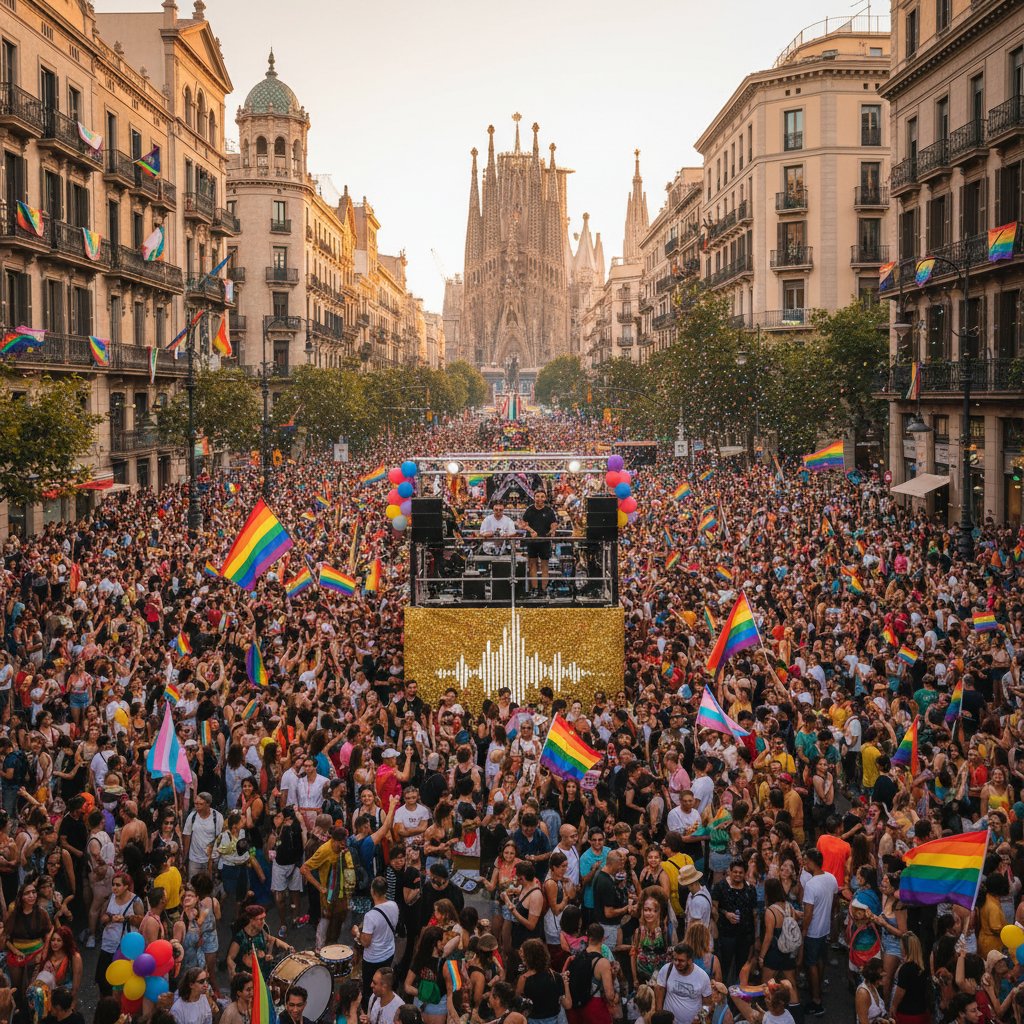 Tłum ludzi na paradzie Pride w Barcelonie, flagi, muzyka, radość