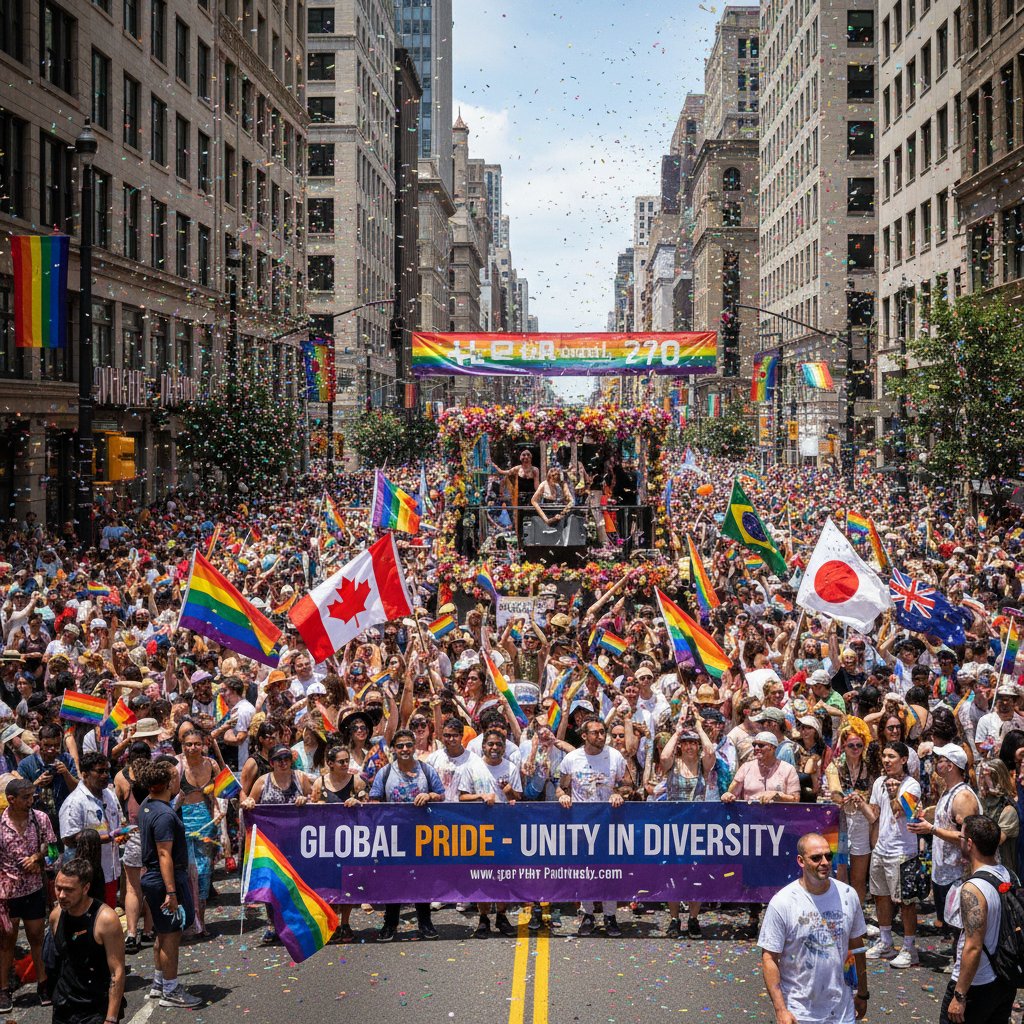 Porównanie parad równości w Polsce i za granicą, tłum ludzi, różne flagi narodowe