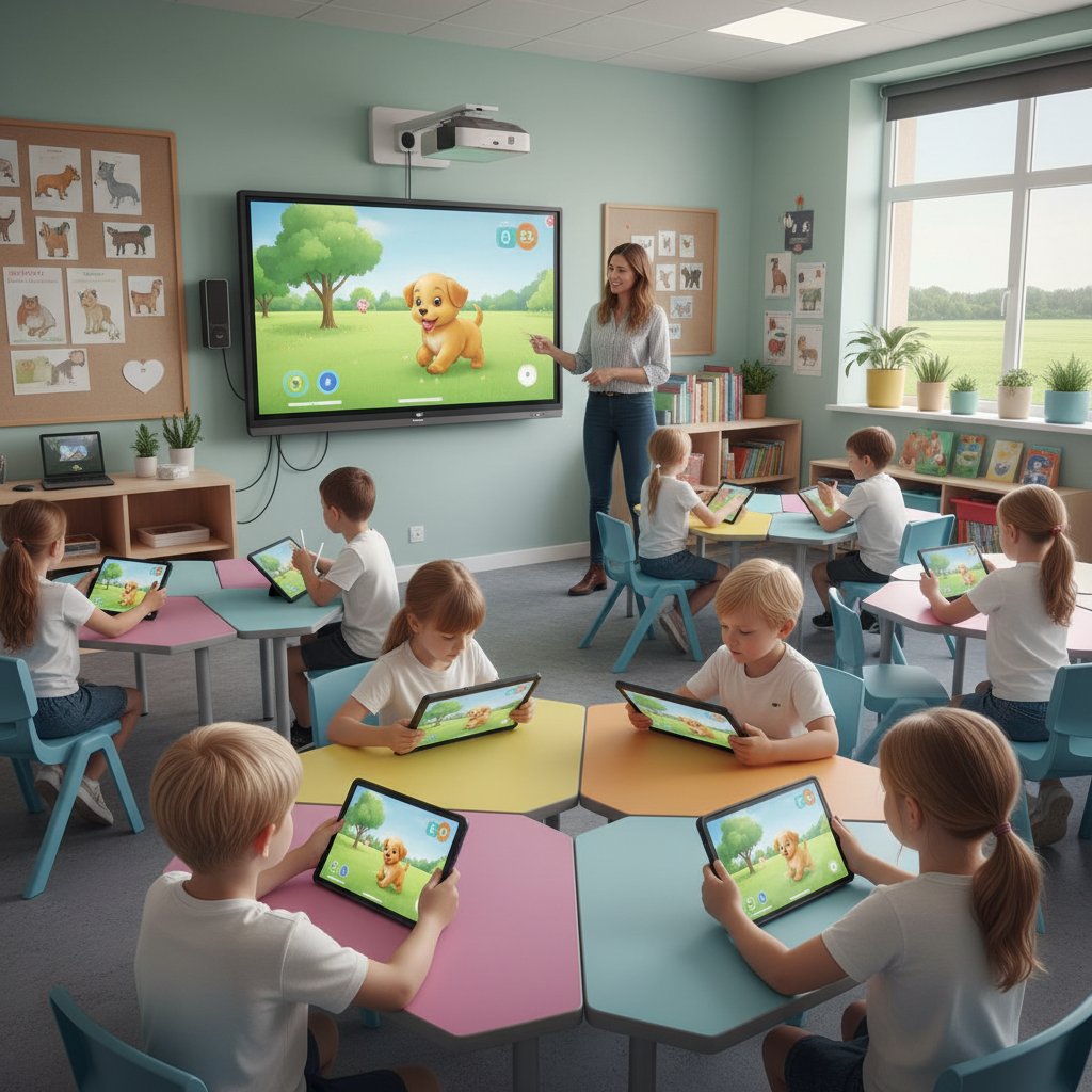 Szkoła podstawowa, lekcja z wykorzystaniem aplikacji pies symulator adopcji dla dzieci online, nauczyciel wspiera uczniów