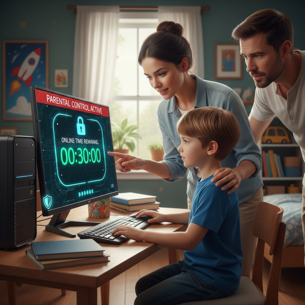 Chłopiec z podstawówki pracuje przy komputerze, rodzic kontroluje czas spędzany online