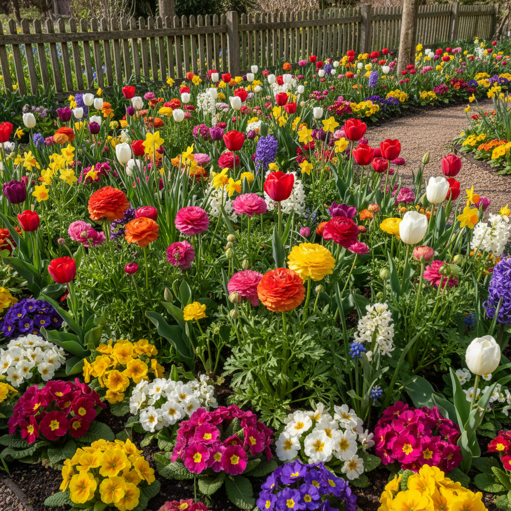 Zbliżenie na kolorowe prymulki i jaskry na tle świeżej wiosennej ziemi