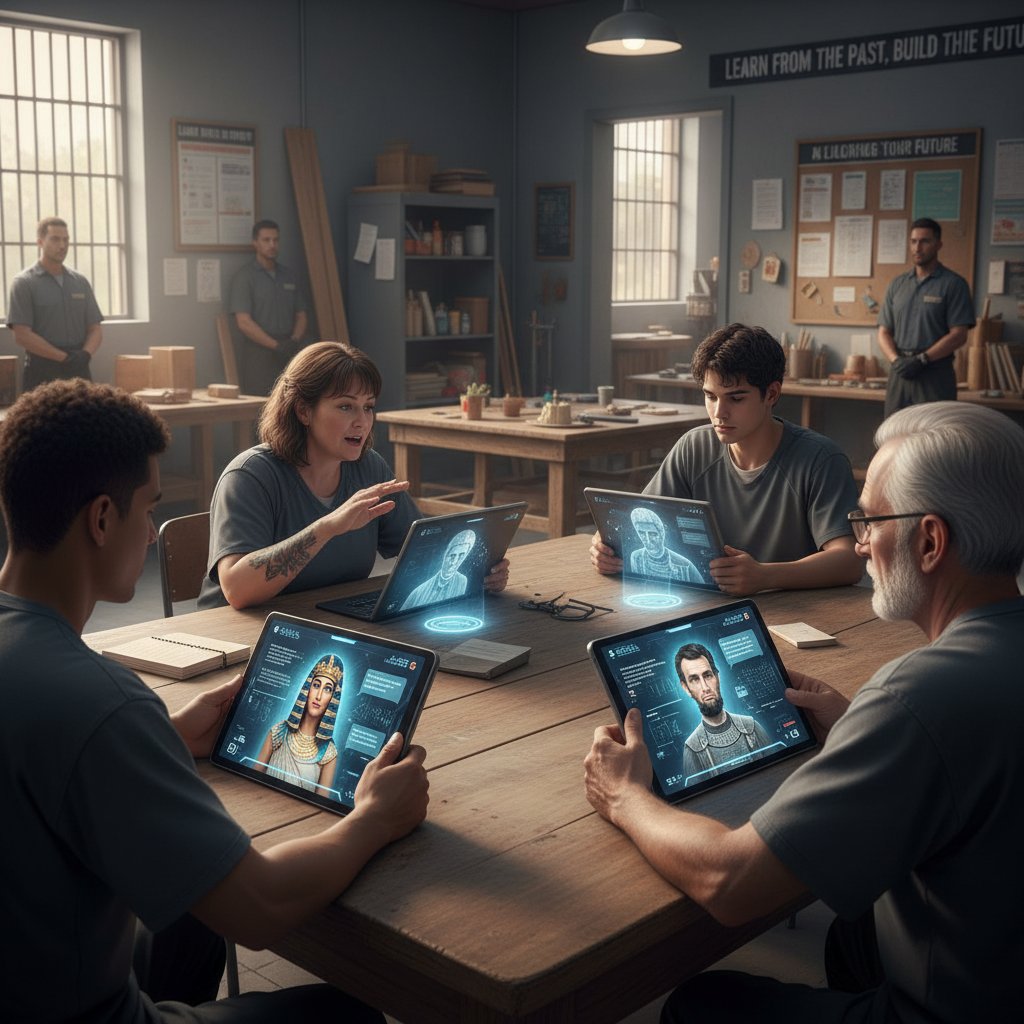 Warsztaty terapeutyczne w więzieniu, uczestnicy rozmawiający z AI przez tablety