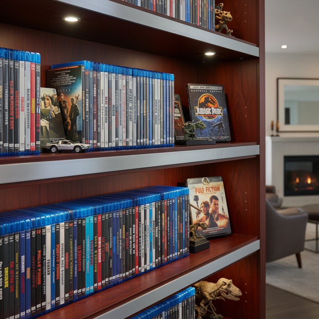 Pristine collector’s shelf of anniversary edition movies, cinematic close-up, aspirational organized, anniversary edition movies display