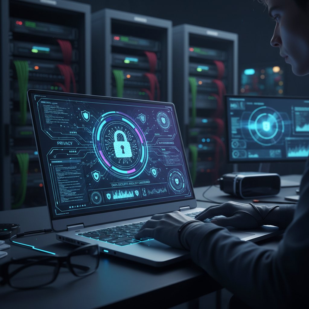 Pracownik analizuje kwestie prywatności i bezpieczeństwa AI przy laptopie