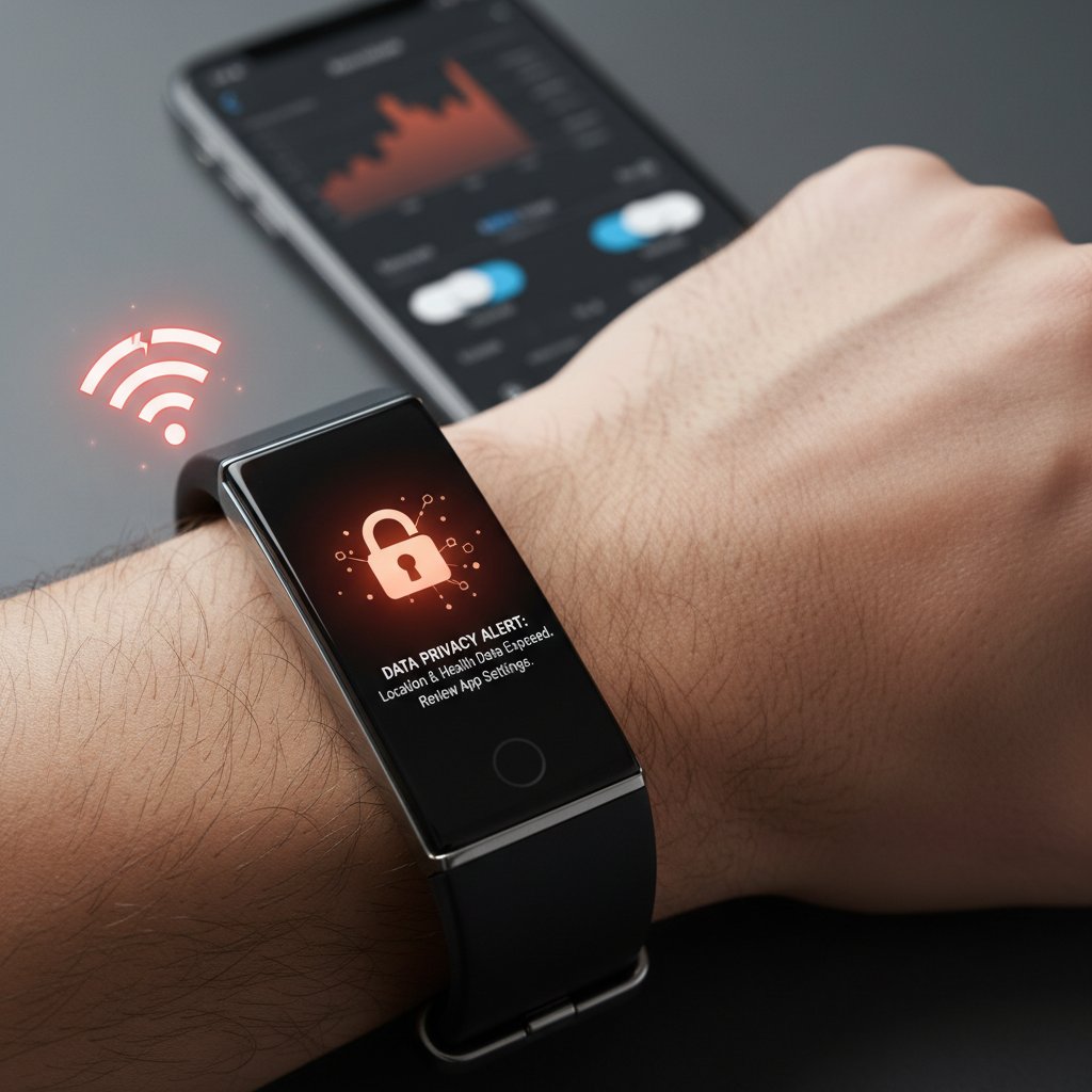 Zbliżenie na ekran smartfona z ostrzeżeniem o prywatności, opaska fitness w tle