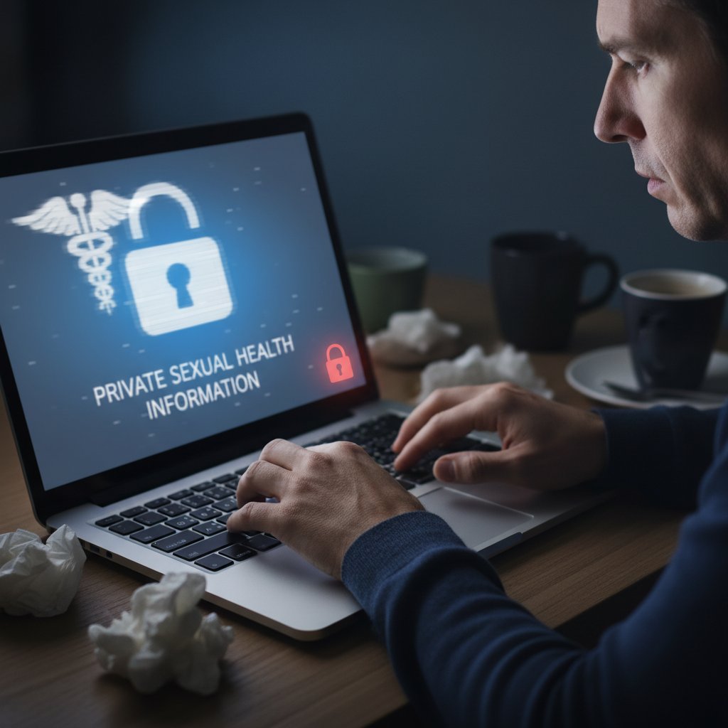 Kolaż symbolizujący prywatność w sieci: zamek na ekranie komputera i zaniepokojona osoba