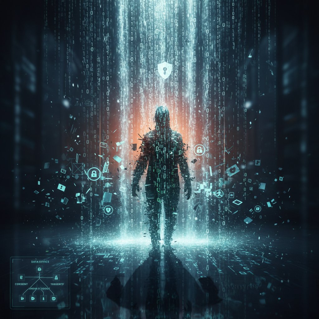 Zamglony profil postaci na tle kodu binarnego, symbolizujący granicę prywatności