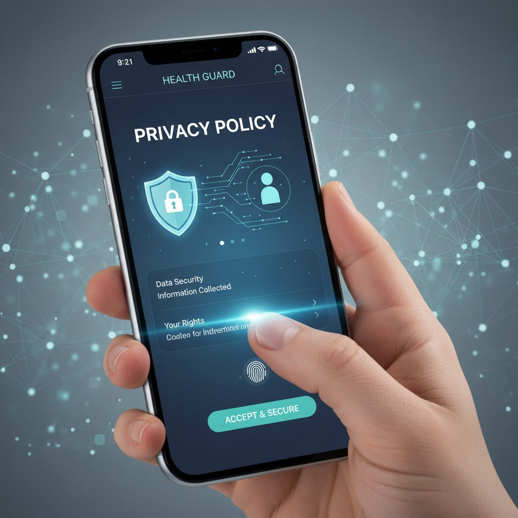 Osoba przeglądająca warunki korzystania z aplikacji zdrowotnej na ekranie smartfona, w tle motywy bezpieczeństwa danych