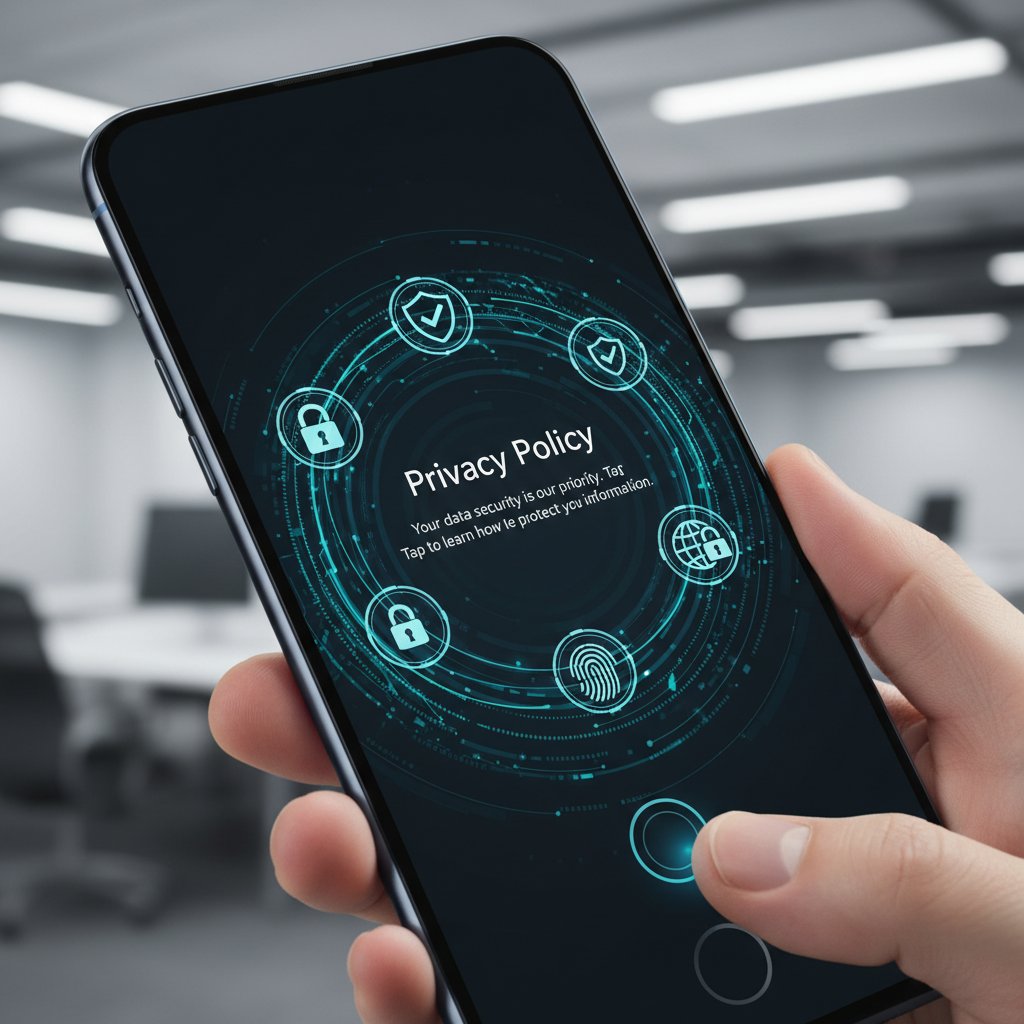 Osoba sprawdzająca politykę prywatności na smartfonie, ikony bezpieczeństwa, ekran z kłódką