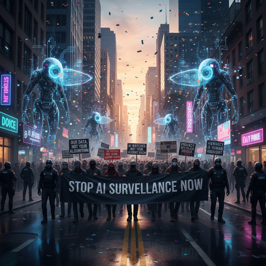 Demonstracja dotycząca prywatności i sztucznej inteligencji na ulicy, transparenty, zaangażowanie społeczne