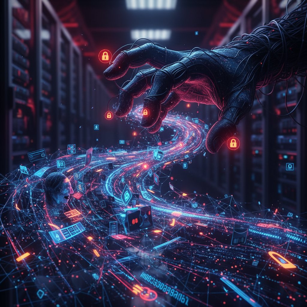 Ryzyko utraty prywatności w aplikacjach zdrowotnych – ikona kłódki zanika w strumieniu danych na ekranie komputera