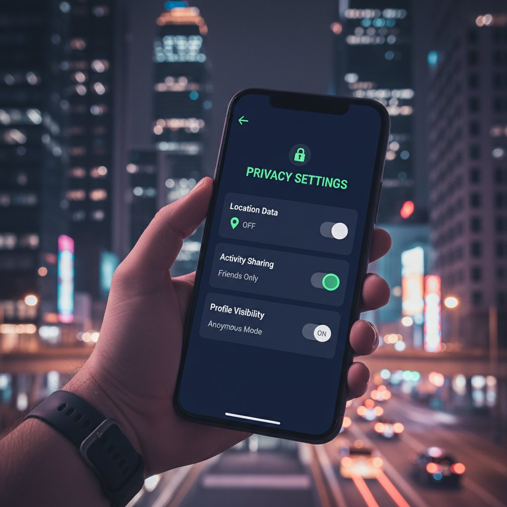 Osoba przeglądająca ustawienia prywatności w aplikacji fitness na tle miasta