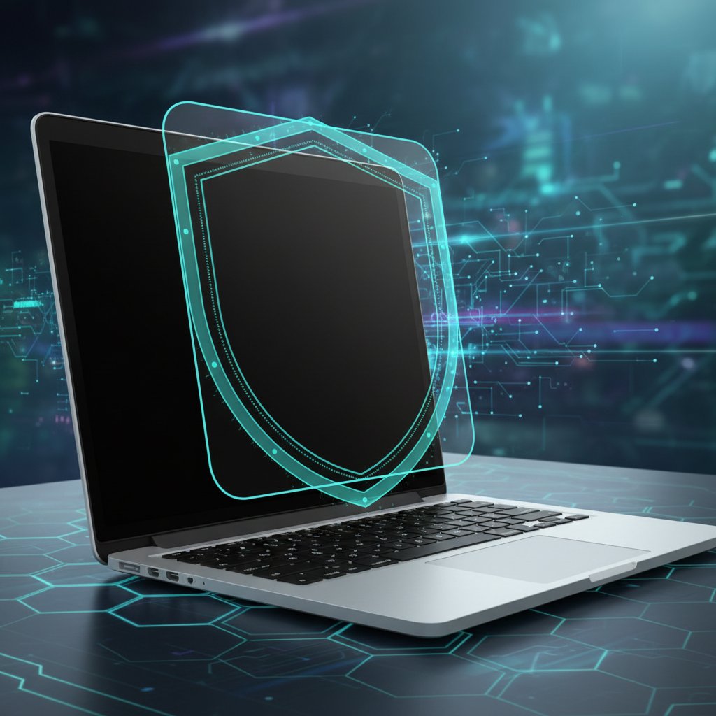 Abstract digital art visualizing privacy protection for mac flights search, with privacy shield and MacBook elements