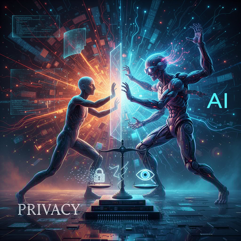 Symboliczne zdjęcie przedstawiające konflikt między prywatnością a technologią AI