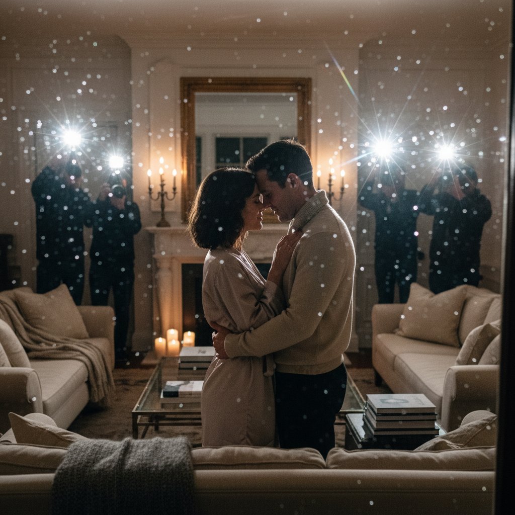 A private moment shielded from public view, celebrity couple in quiet embrace behind a window, paparazzi blurred in foreground