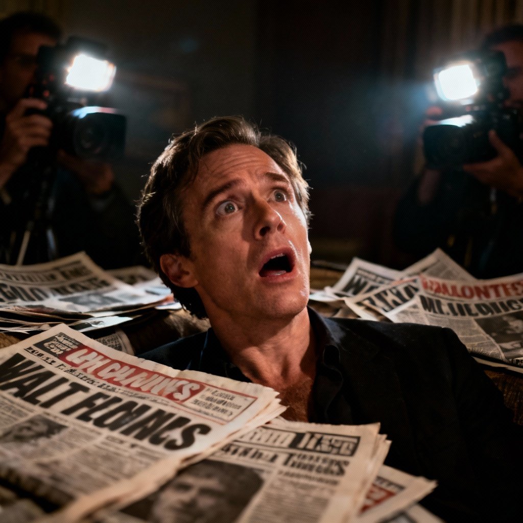 Anguished public figure looking at phone, digital leak aftermath, private moment exposed