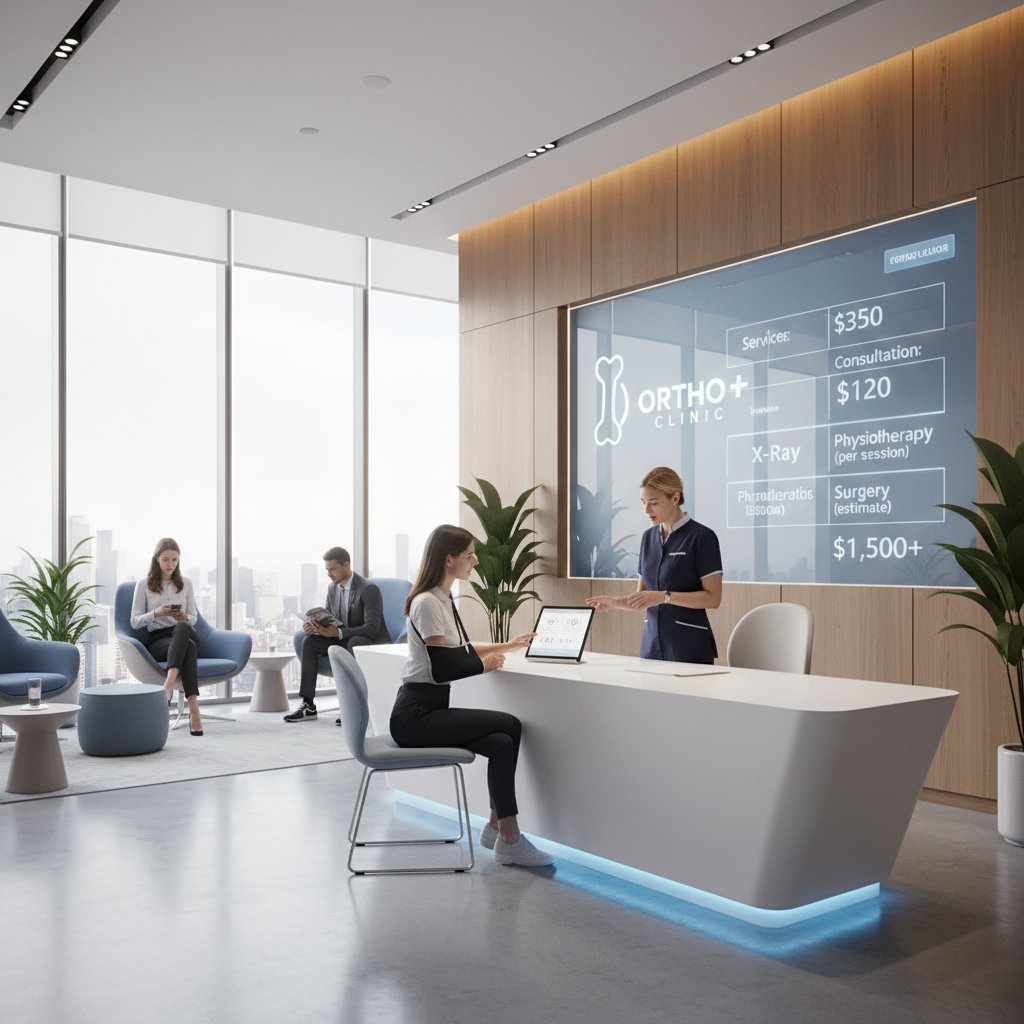 Rejestracja w prywatnej klinice ortopedycznej, pacjent sprawdzający koszty zabiegu, nowoczesne wnętrze