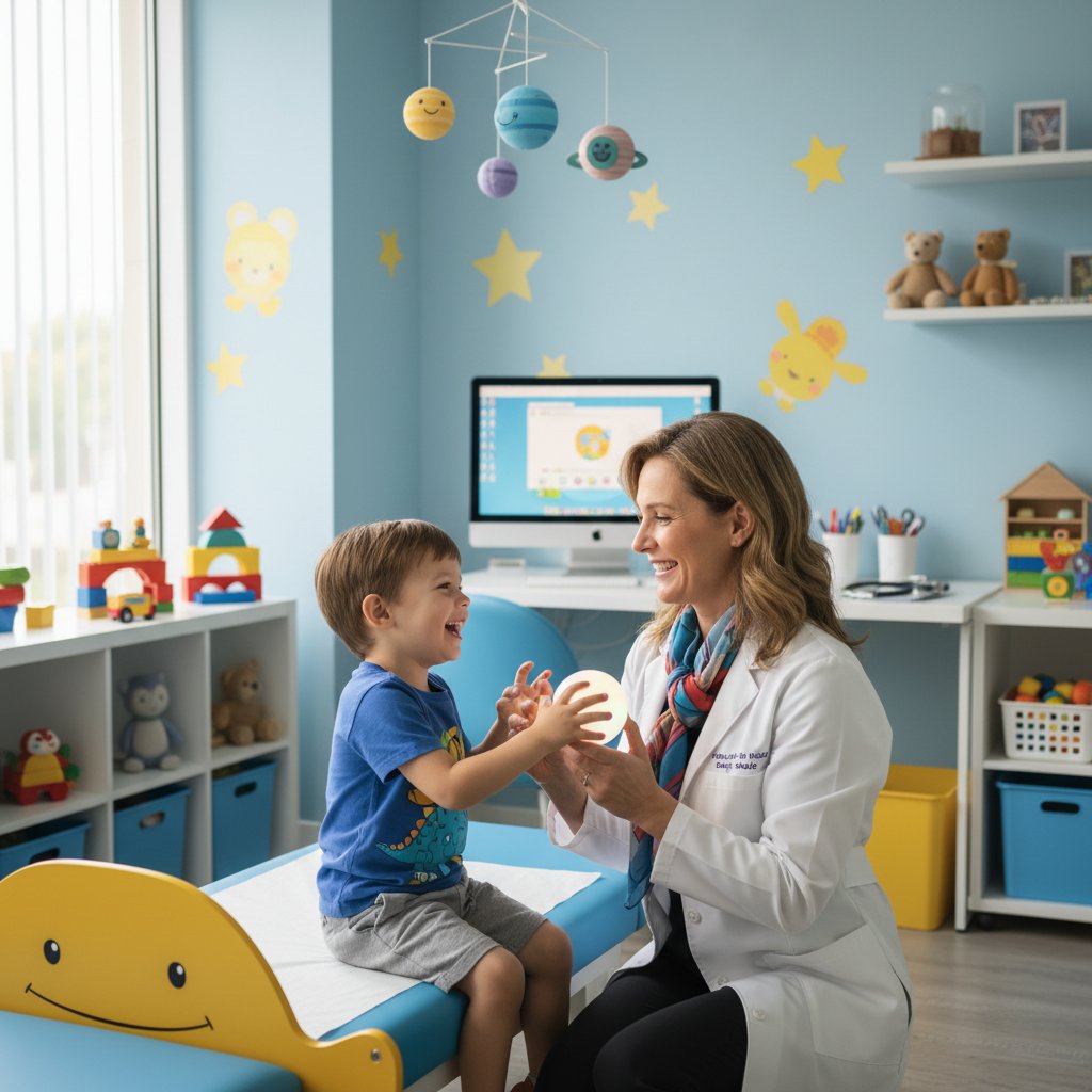 Pediatra przyjmujący dziecko w nowoczesnym prywatnym gabinecie – porównanie z opieką NFZ