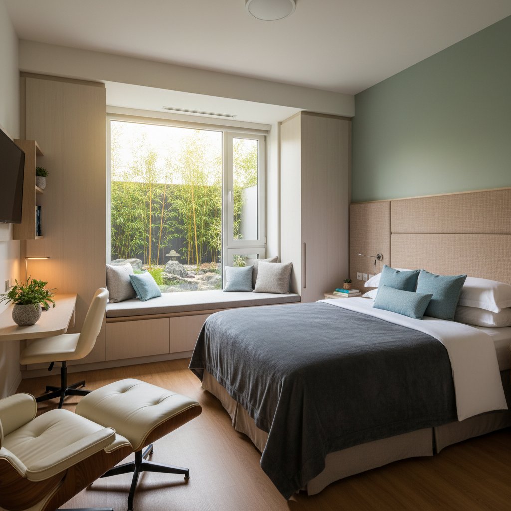 Pokój jednoosobowy w prywatnym oddziale psychiatrycznym, nowoczesny design