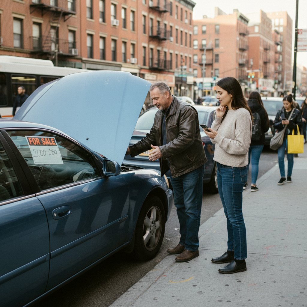 Friendly urban street negotiation between a buyer and private seller over a used car, informal mood