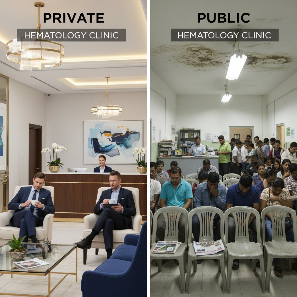 Gabinet prywatnej kliniki hematologicznej z eleganckim wystrojem vs. zatłoczona poczekalnia w publicznym szpitalu