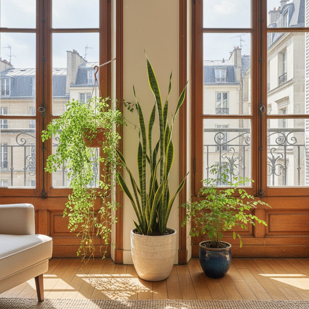 Stare mieszkanie z PRL z sansewierią i paprotką na parapecie