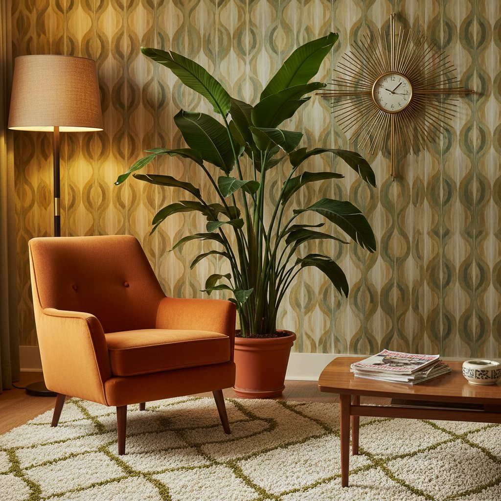 Wnętrze z lat 80., aspidistra na meblościance, klimat retro