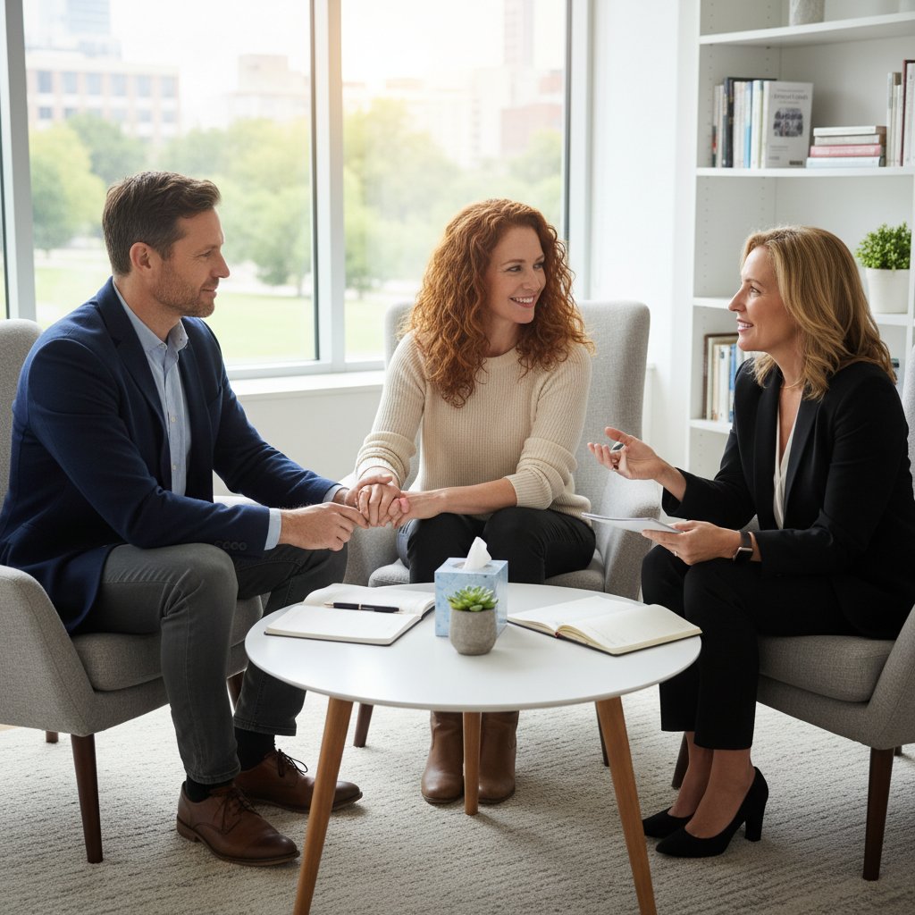 A young couple in a counseling session, both engaged and attentive, symbolizing proactive conflict mediation in relationships