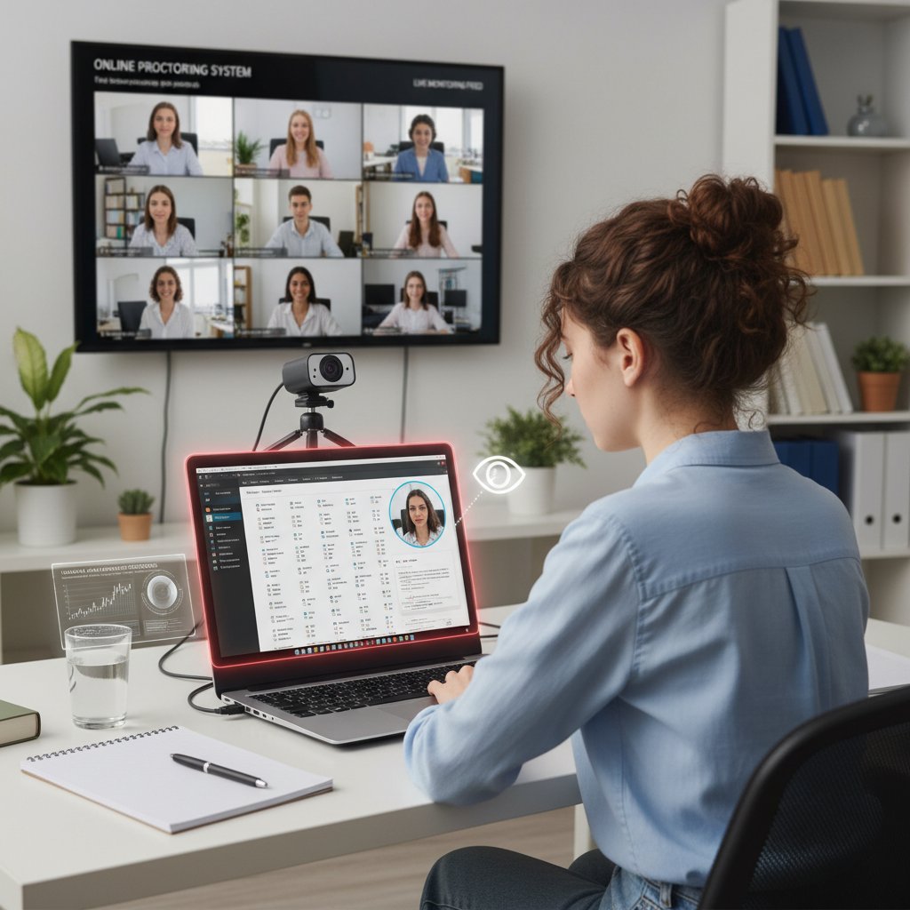 Egzaminator monitorujący test online, widoczne okno z kamerą i system anty-plagiatowy