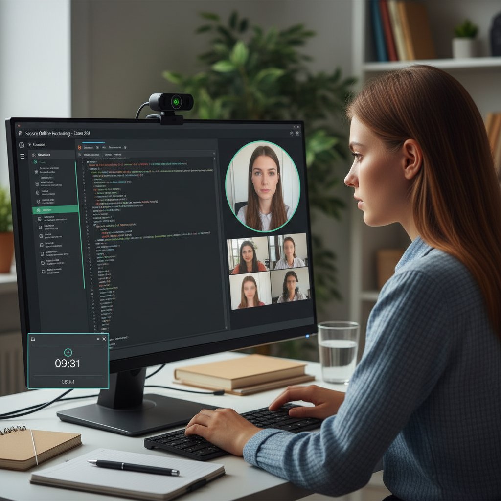 Proctoring w praktyce: komputer z włączoną kamerą, kandydat nadzorowany podczas egzaminu DELF online