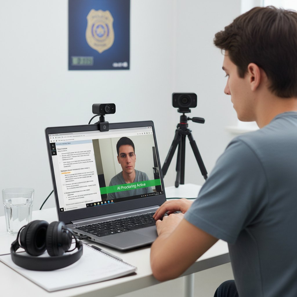 Technologia proctoringu w egzaminie policyjnym online, laptop, kamera, monitoring, algorytmy AI