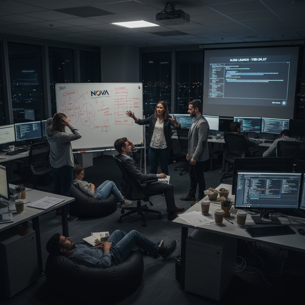 Zespół projektowy analizujący wyniki wdrożenia produktu, stres i napięcie w biurze