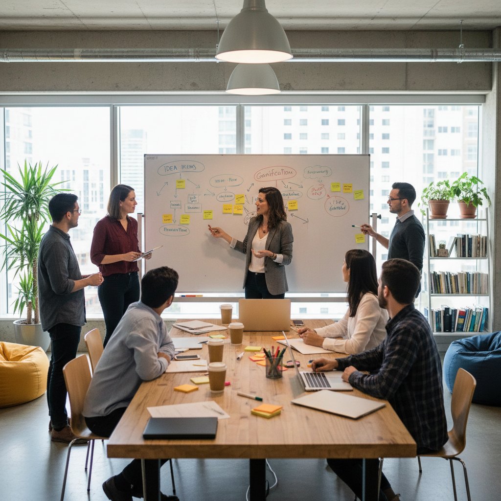 Produkt manager prowadzi warsztat kreatywny z zespołem przy tablicy pełnej notatek – kreatywne zarządzanie procesem